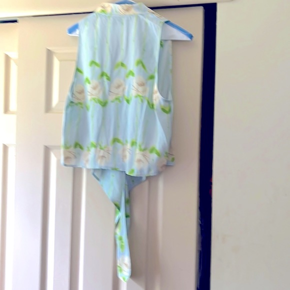 Blumarine Light Blue Floral Button Down Top With Tie Waist US Sz 8 Italian Sz 44 - Picture 4 of 7